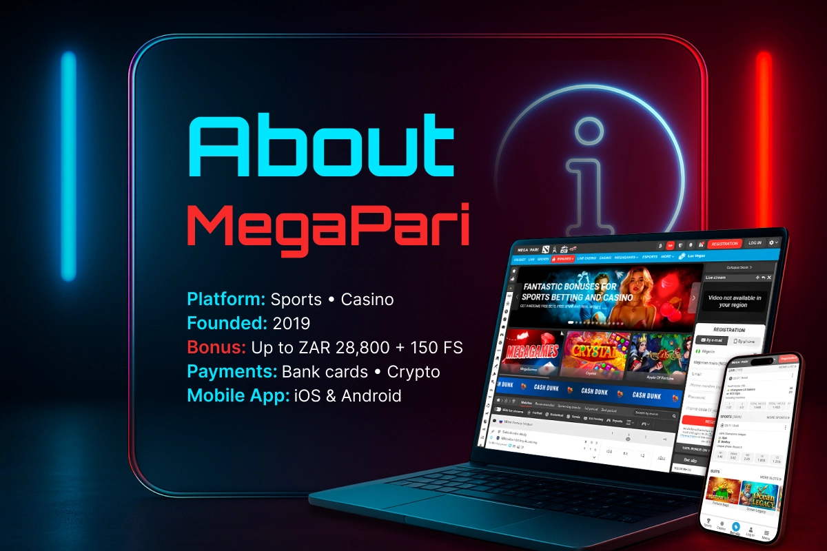 About MegaPari - 3D laptop and smartphone showing the betting platform interface with blue-red neon lighting.