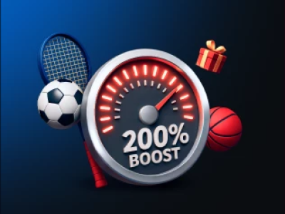 Accumulator Bonus illustration – sports equipment and a 200% boost gauge symbolizing enhanced multi-bet winnings.