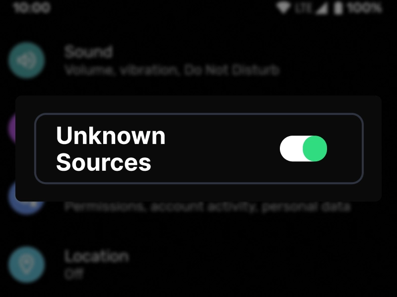 Phone settings screen highlighting “Install unknown apps” option under Security.