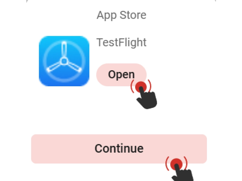 TestFlight app home screen with highlighted “Continue” button and notification prompt.