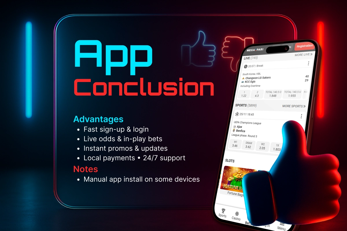 MegaPari app conclusion - smartphone with thumbs-up icon summarizing key benefits of the mobile betting application.