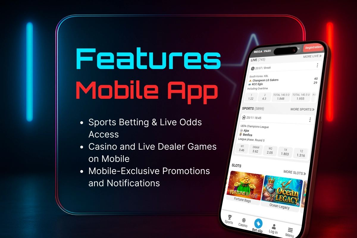 MegaPari mobile app features - smartphone interface with neon lighting showing sports betting and live casino options