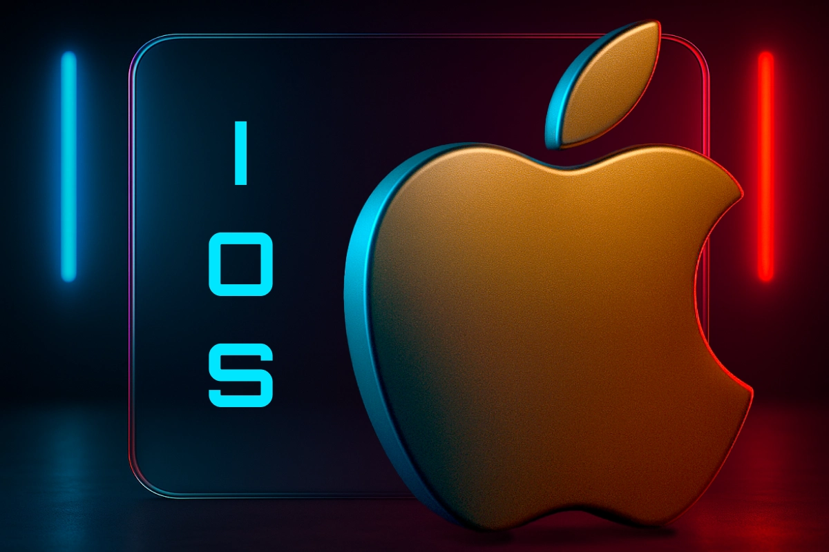 MegaPari iOS app - 3D golden Apple logo with neon blue text symbolizing the iPhone version of the betting app.