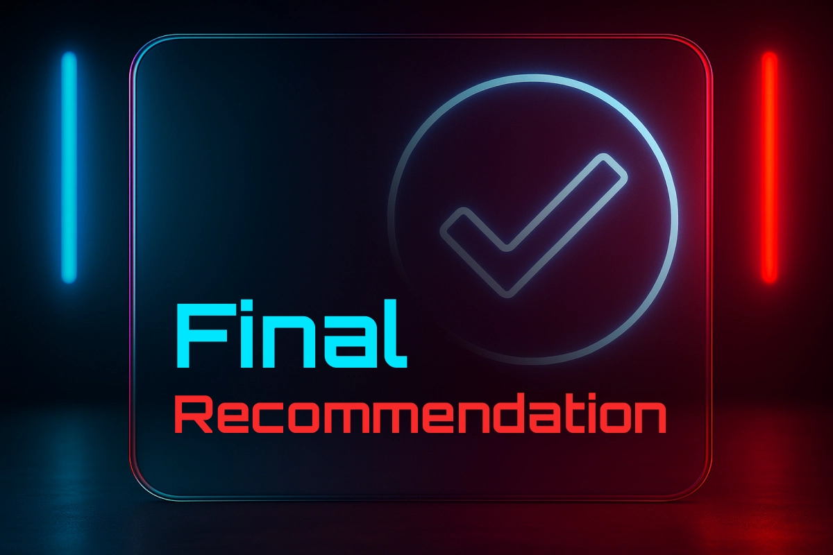 MegaPari final recommendation - glowing blue checkmark and red neon background symbolizing trustworthy betting app review.