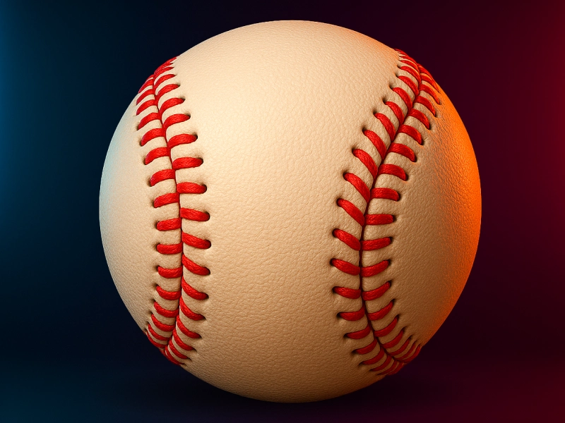 3D icon of a baseball with red stitching and realistic leather texture, highlighted by red and blue neon glow