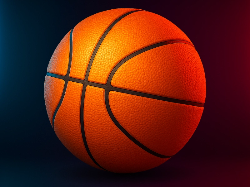 3D icon of a basketball with vivid orange surface and black lines, lit by warm red and cool blue neon lighting