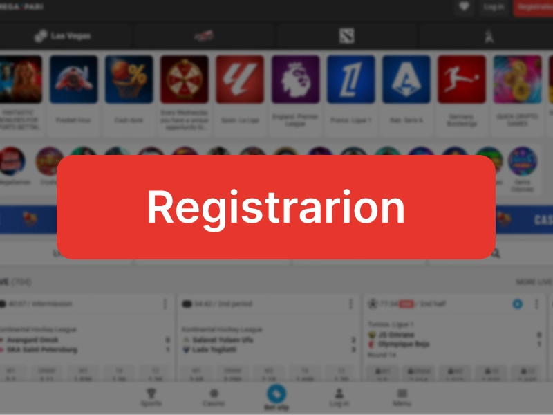 Highlighted red “Registration” button on the MegaPari website top-right corner.