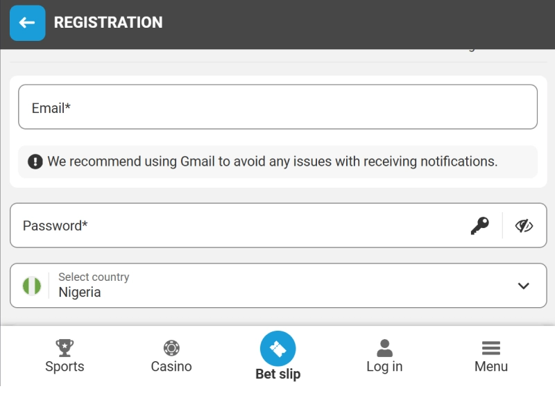 MegaPari registration form with highlighted fields for country Nigeria, currency NGN, email, phone number, and password.