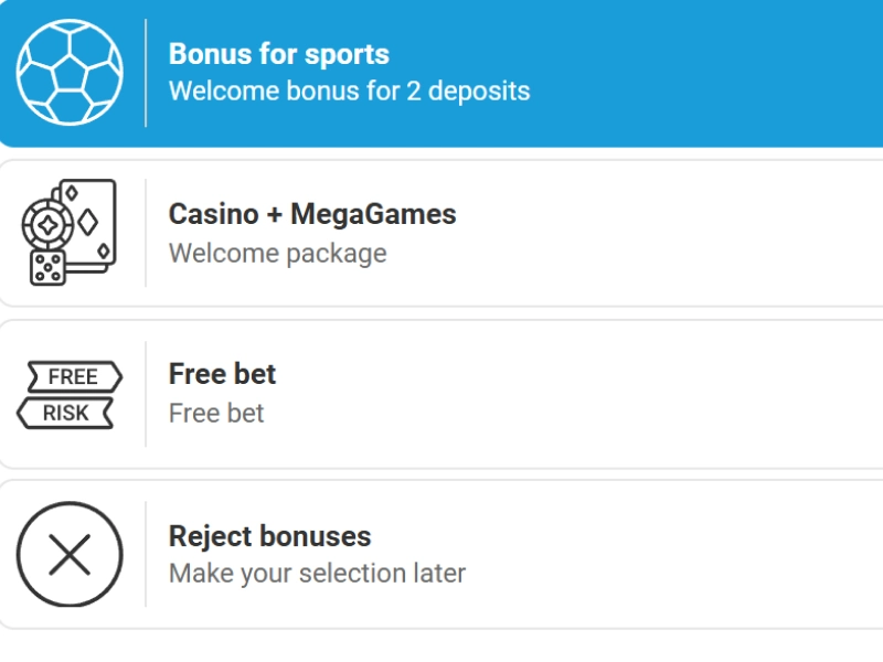 MegaPari bonus selection page displaying Sports Bonus, Casino Bonus, and Free Bet options.