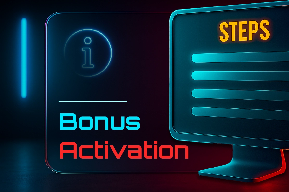 Bonus activation steps - 3D blue screen and neon text showing how to activate MegaPari bonuses and promo codes.