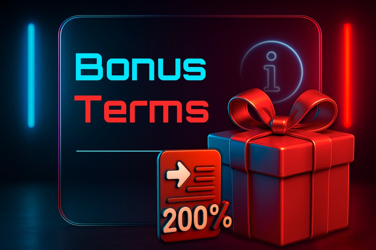 Bonus terms - 3D red gift box and 200% icon representing MegaPari betting and casino bonus conditions.