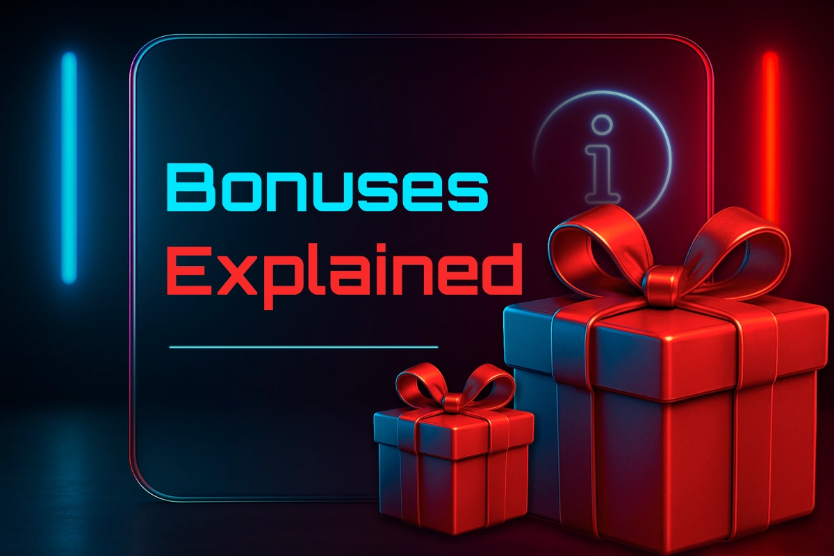 MegaPari bonuses explained - red 3D gift boxes under neon lighting representing sportsbook and casino promotions.