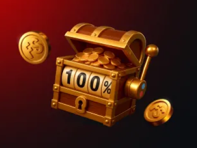 Casino Bonus 3D icon – golden treasure chest filled with coins and a 100% bonus sign representing casino deposit rewards.