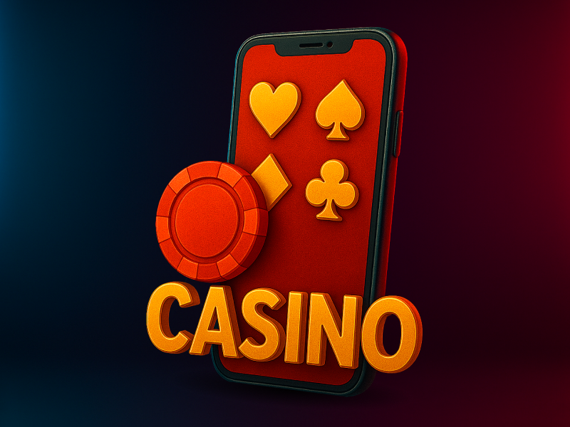 3D icon for Casino on Mobile — a smartphone screen showing golden card suits and a red casino chip, with the text “CASINO” in gold, under red-blue neon lighting