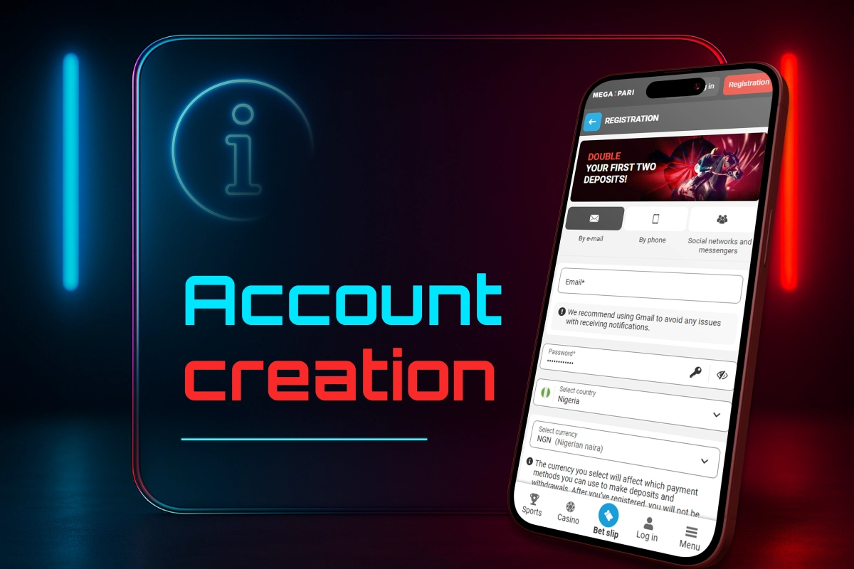 MegaPari account creation - smartphone screen showing registration process under red-blue neon lights.