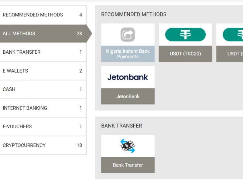 Deposit section showing JetonBank, BinancePay, Instant Bank, Jeton Cash, and cryptocurrency options.