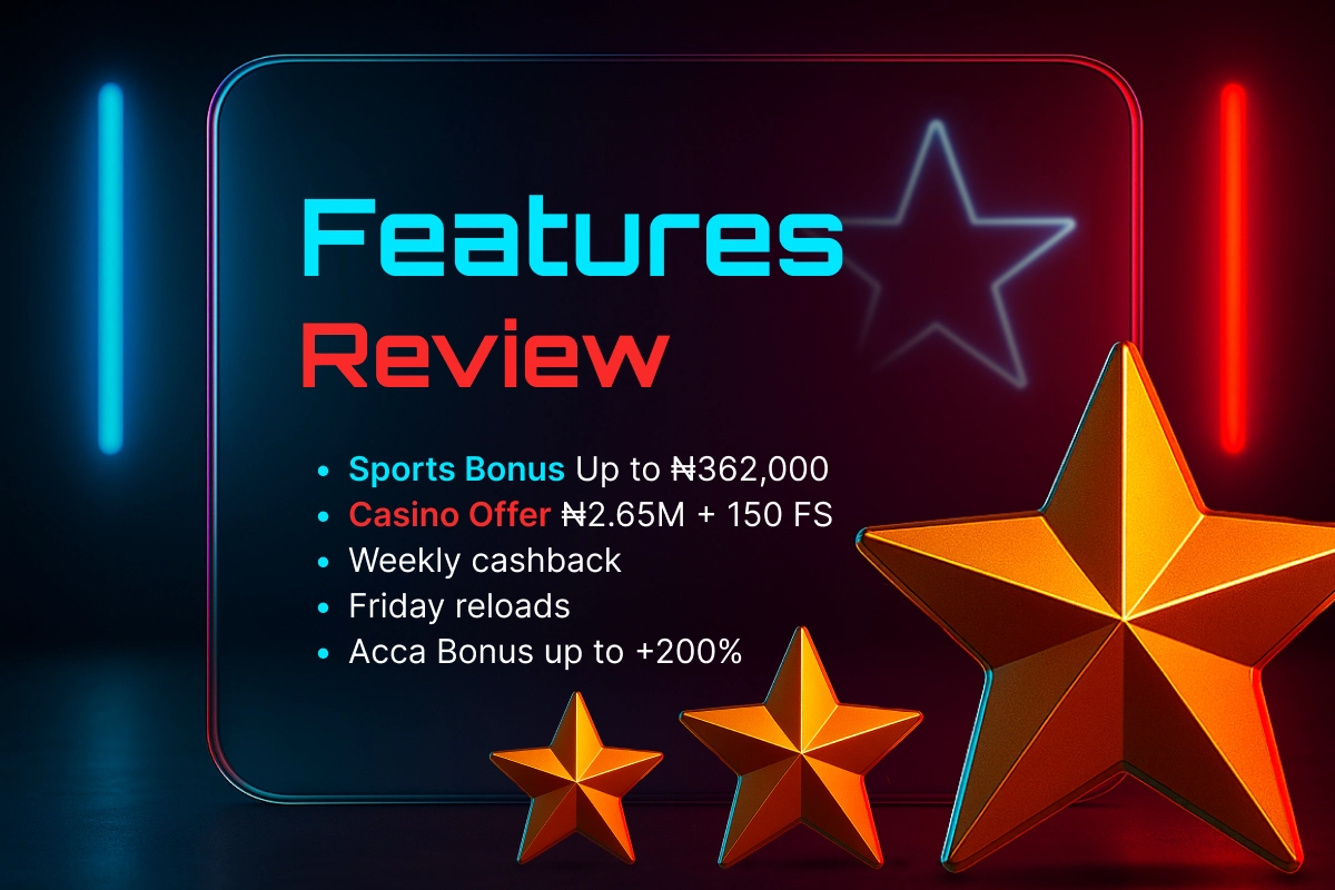 MegaPari features review - glowing stars highlighting sports bonus, casino offer, cashback, and accumulator promotions.