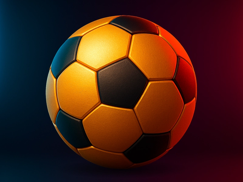 3D icon of a golden soccer ball illuminated by blue and red neon light, showing realistic texture and depth
