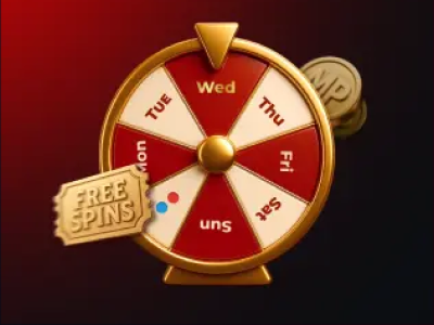 Free Spins Bonus image - golden spinning wheel with days of the week and ‘Free Spins’ ticket for casino rewards.