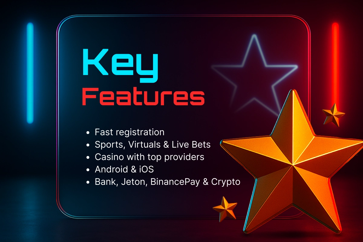 MegaPari key features - glowing stars highlighting fast registration, sports betting, casino games, and crypto payments.