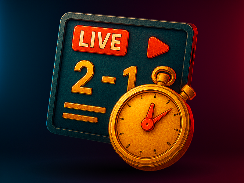 3D icon for Live Betting & Real-Time Markets — a gold stopwatch and a screen showing “LIVE” and a 2–1 score, glowing with red-blue neon lighting.