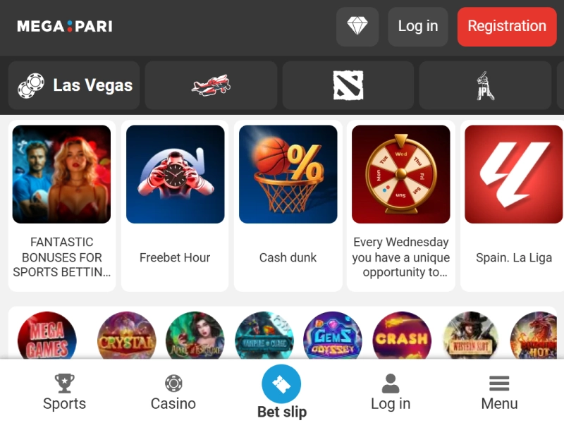 MegaPari mobile app home screen displayed on smartphone before login.