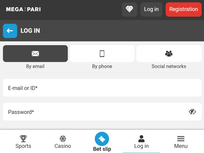 MegaPari app login page showing options to sign in via email, phone, or social networks