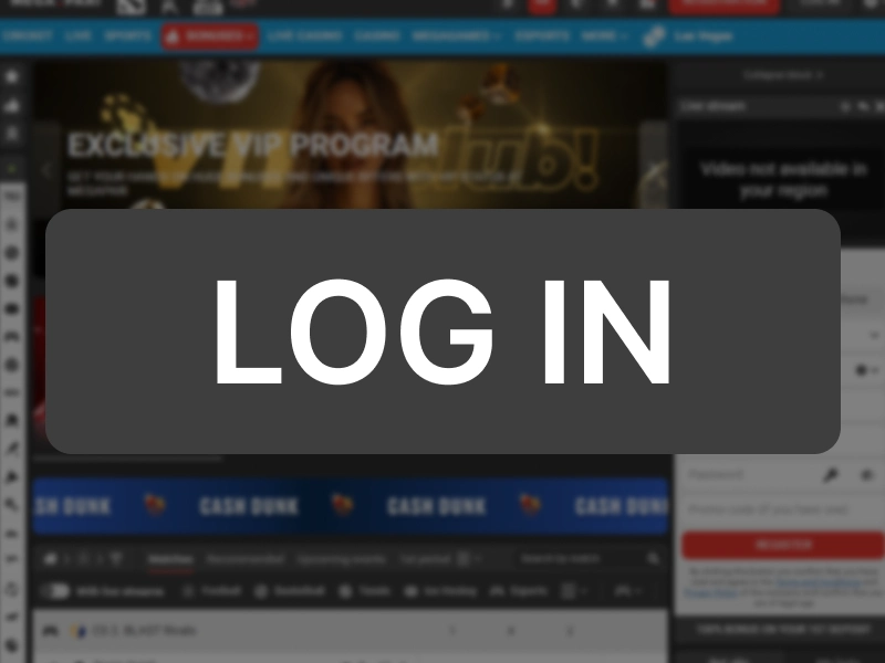 MegaPari homepage with highlighted “Log In” button in the top-right corner.