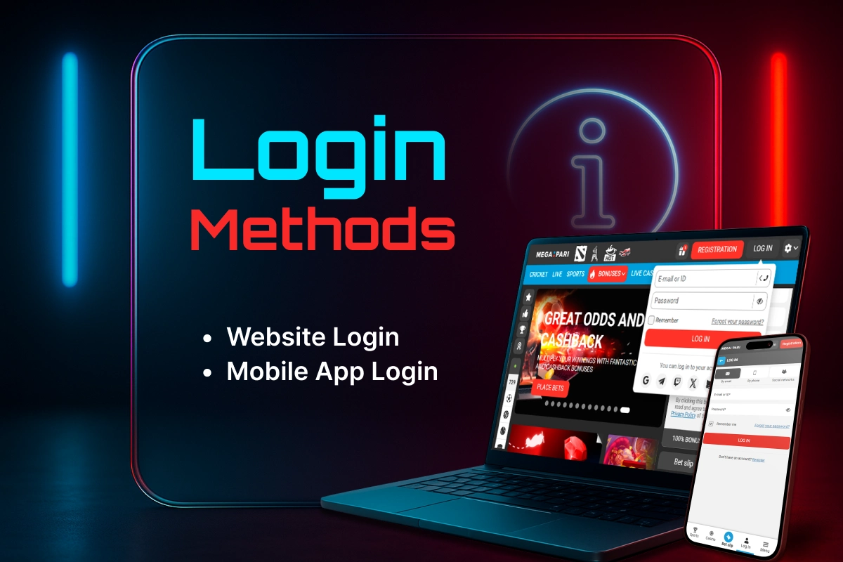 MegaPari login methods - laptop and smartphone showing website and mobile app login options.