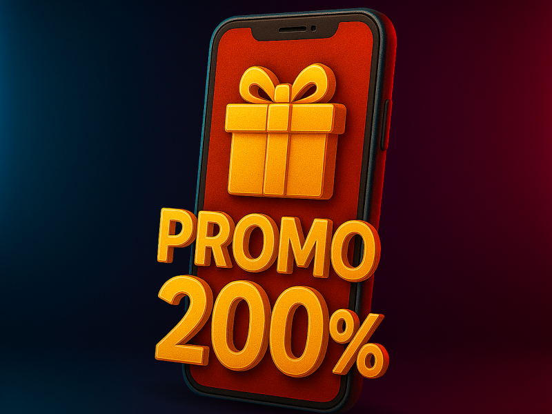 3D icon for Mobile-Exclusive Promotions — a smartphone with a golden gift box and “PROMO 200%” text, glowing with premium red-blue neon light.