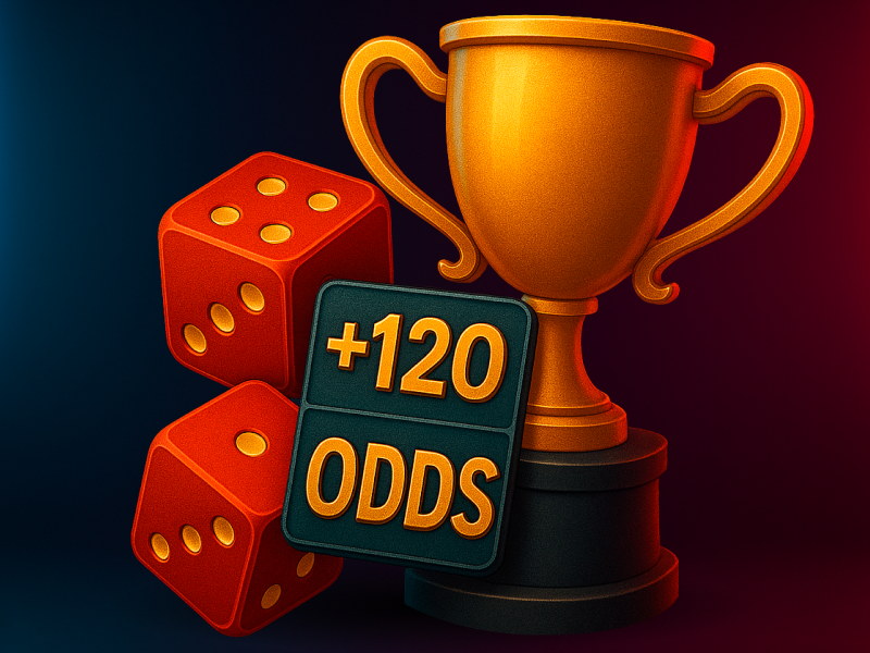 3D icon for Competitive Odds (favorable sports odds) — a golden trophy, red dice, and a plaque with “ODDS +120”, glowing with premium red-blue light.