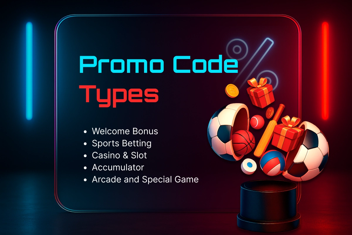 Promo code types - sports and casino icons with percentage symbols representing all MegaPari promo categories.