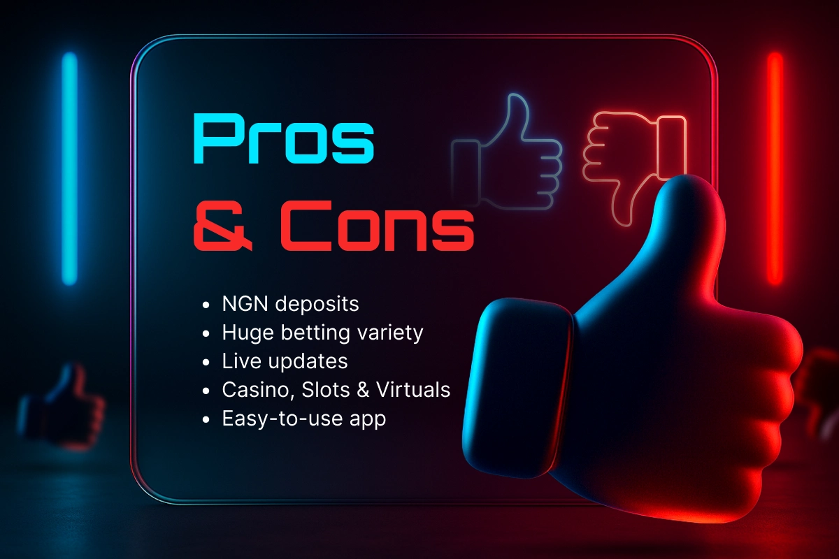 MegaPari pros and cons - blue 3D thumbs up and down icons highlighting platform strengths and weaknesses
