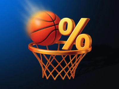 Sports Bonus 3D icon - basketball hoop with golden percentage sign highlighting exclusive betting promotions