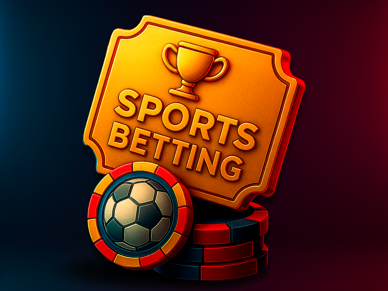 D sports betting icon featuring a golden ticket with “Sports Betting” text, a soccer ball, and colorful poker chips under red-blue neon lighting