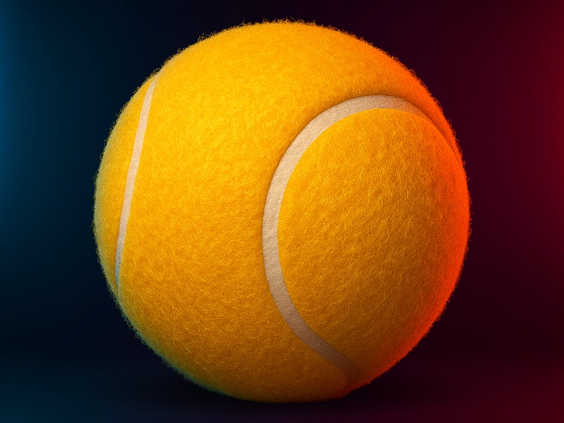 3D icon of a yellow tennis ball with soft texture and realistic lighting, glowing under red and blue neon illumination