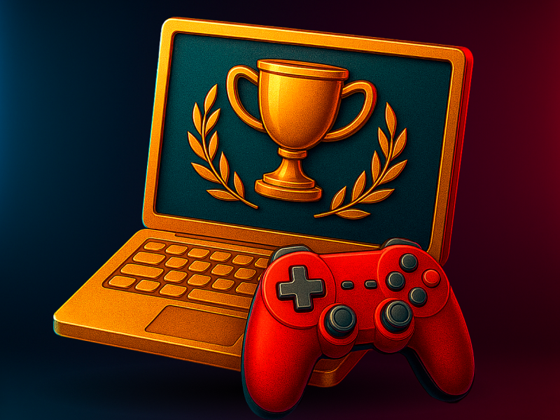 3D icon for Virtual Sports & eSports — a golden laptop with a trophy on the screen and a red game controller, lit by blue and red neon lights.