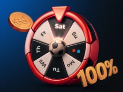 Weekly Bonus icon - bonus wheel with golden coins and 100% label symbolizing regular betting promotions
