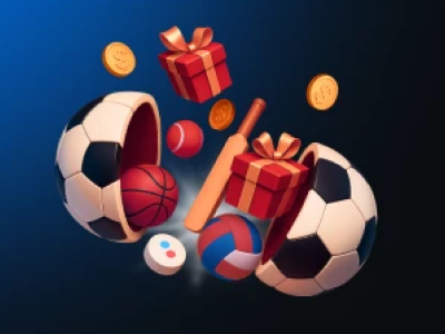 Welcome Bonus illustration - floating gifts, soccer and basketball balls, and coins representing sports and casino offers.