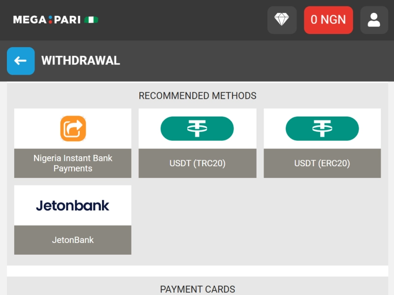 MegaPari account dashboard showing “Withdraw funds” option highlighted in the menu.