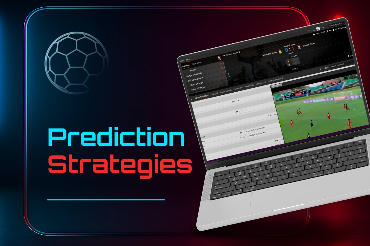 Football prediction strategies shown on a laptop with live match analysis