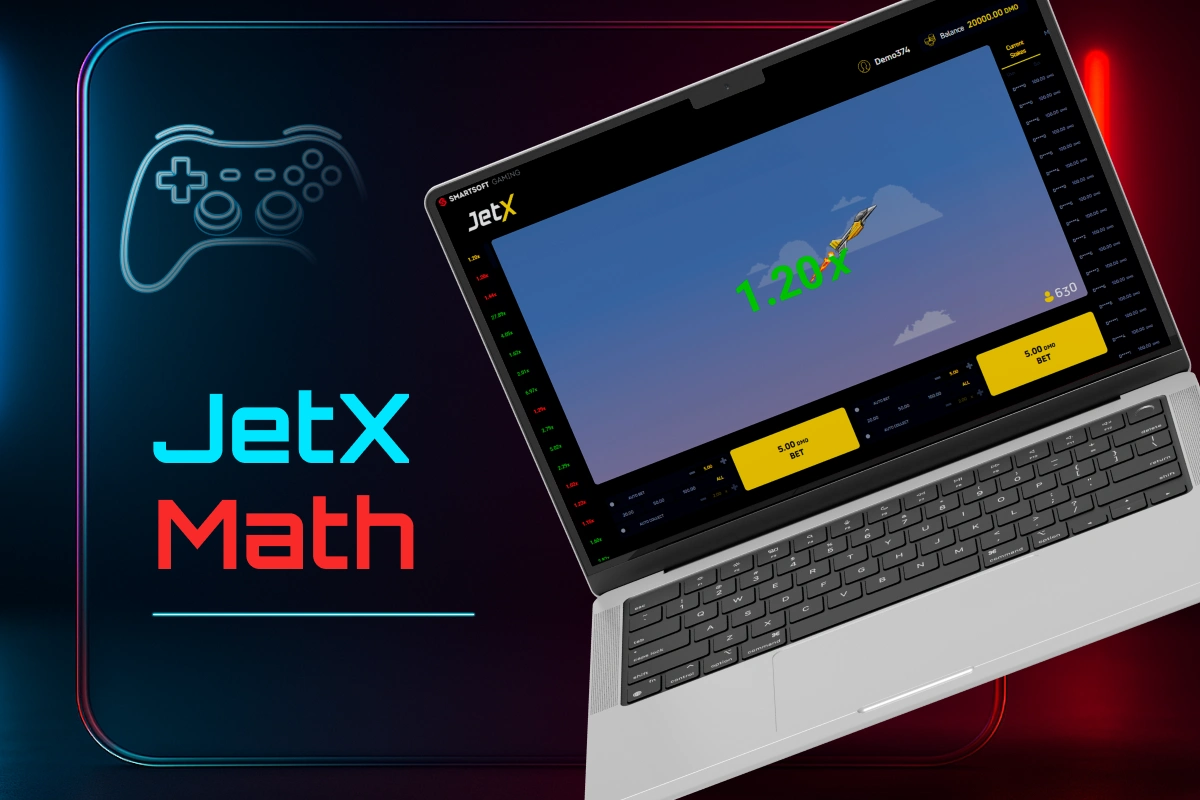 JetX crash game math example with multiplier growth shown on laptop screen