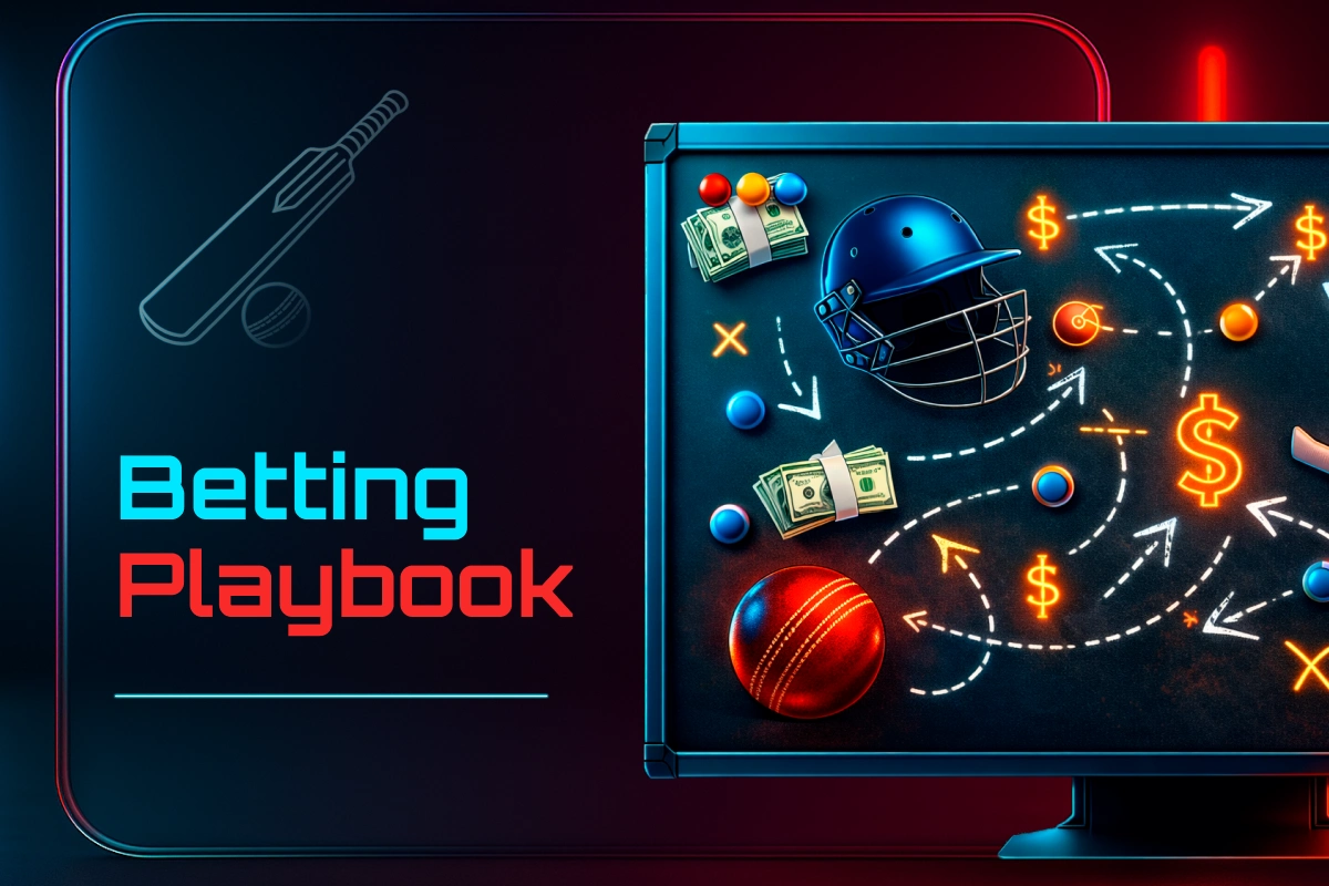 Cricket betting playbook showing strategy icons and sports analytics on screen