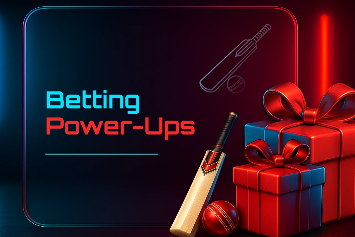 Cricket betting power-ups concept with gift box and cricket equipment