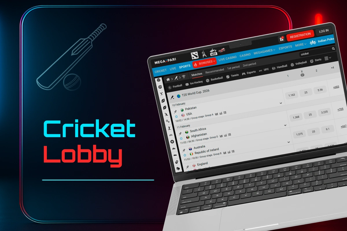 Cricket betting lobby interface displayed on a laptop screen