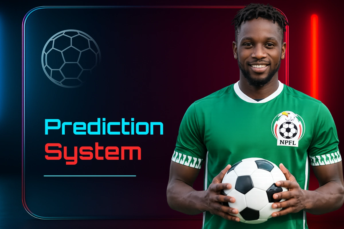 Football prediction system interface featuring a player holding a soccer ball