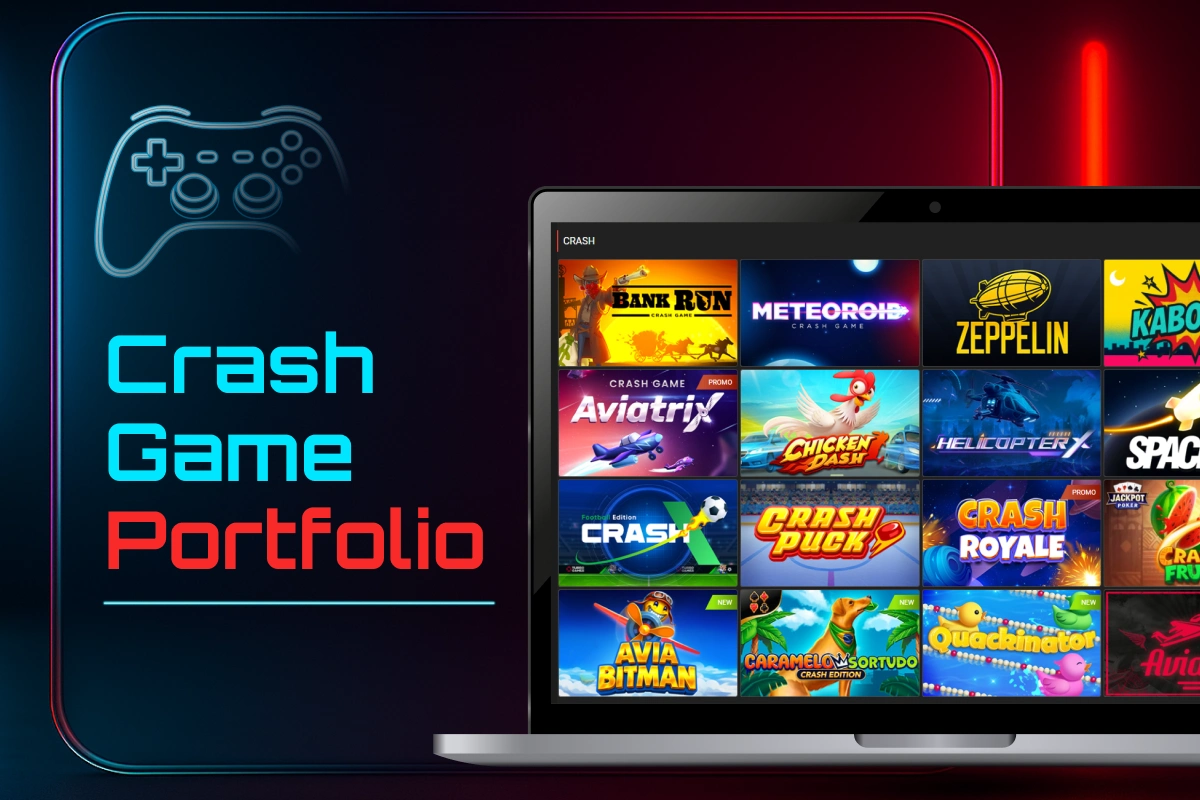Crash game portfolio showing multiple popular crash games including Aviator and JetX